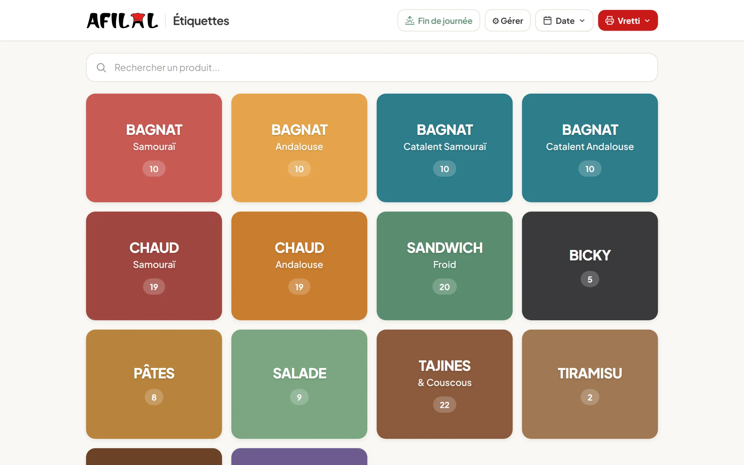 Etikettenscherm met een tegel per product: bagnat, chaud, sandwich, tajines.