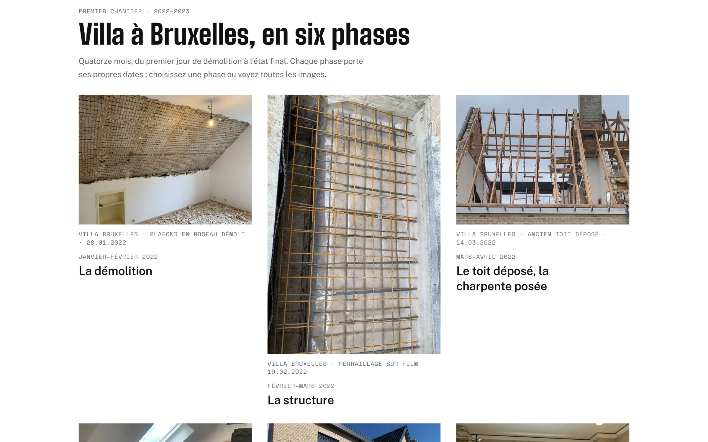 Website van een aannemer met de fases van een villa.