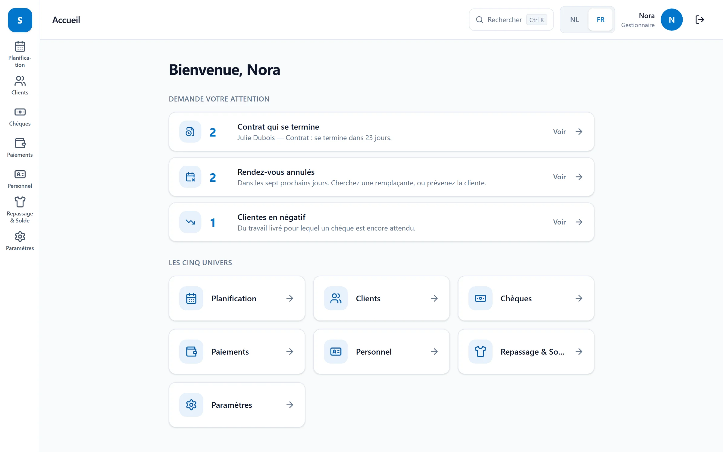 Startscherm van het dashboard: bovenaan wat aandacht vraagt, zoals geannuleerde afspraken die een vervangster nodig hebben, daaronder de onderdelen