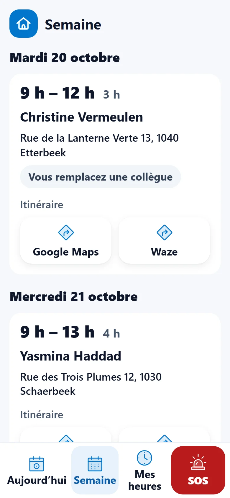 Telefoon met de week van een werkneemster, met een vervanging bij een klant in Etterbeek.