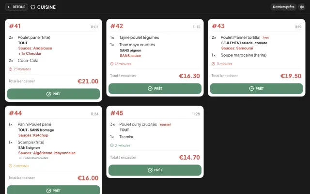 Keukenscherm met de openstaande bestellingen, elk met zijn sauzen en wat er niet op mag.